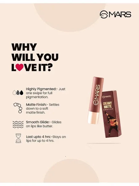 MARS Creamy Matte Long Lasting Lipstick for Women .transfer proof & smudge proof
