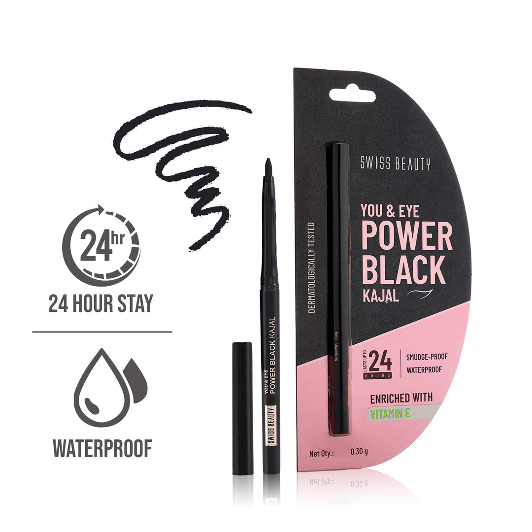 You & Eye Power Black Kajal | Waterproof & Smudge-Proof | 24 Hour Stay | Matte Finish Black Kajal